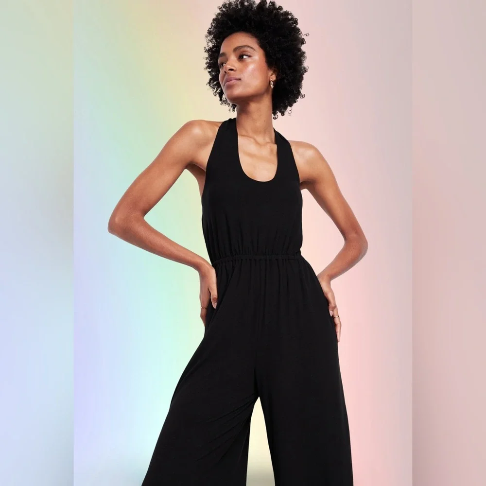 NWTS💓GAP OLD NAVY LG💓BLACK GREEK HALTER STYLE JUMPSUIT ELASTIC WAIST POCKETS - Picture 13 of 14